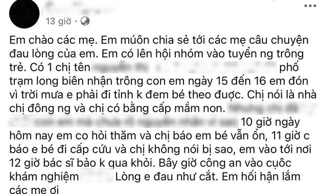 Hà Nội: Tìm bảo mẫu trên mạng để gửi con qua đêm, hôm sau mẹ bàng hoàng nhận tin con tử vong