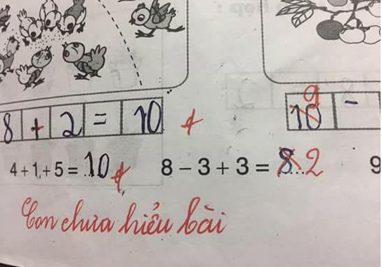 Phép tính 8-3+3= 8 bị cô giáo chấm sai kèm lời phê ‘Chưa hiểu bài’, xem mãi vẫn không hiểu sai chỗ nào: Đáp án đúng gây ngỡ ngàng