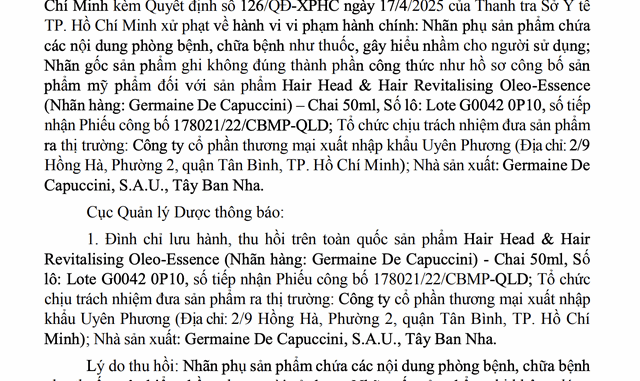 Thu hồi lô dầu gội…do một công ty ở TP HCM đưa ra thị trường Thu hồi lô dầu gội…do một công ty ở TP HCM đưa ra thị trường