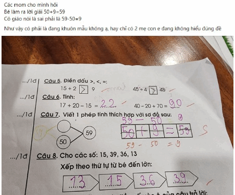 Con làm toán 50 + 9 = 59 bị cô gạch sai, mẹ tức tốc đi hỏi, 100% mọi người đều nói: Cô đúng! Con làm toán 50 + 9 = 59 bị cô gạch sai, mẹ tức tốc đi hỏi, 100% mọi người đều nói: Cô đúng!